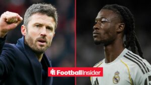 Michael Carrick on the sidelines at Man United, with Eduardo Camavinga in action for Real Madrid