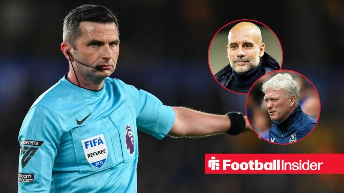 Premier League referee Michael Oliver has his arm outstretched during a game, as Manchester City manager Pep Guardiola and Everton boss David Moyes...