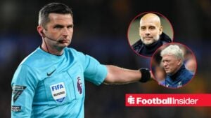 Premier League referee Michael Oliver has his arm outstretched during a game, as Manchester City manager Pep Guardiola and Everton boss David Moyes watch from a pair of circular insets.