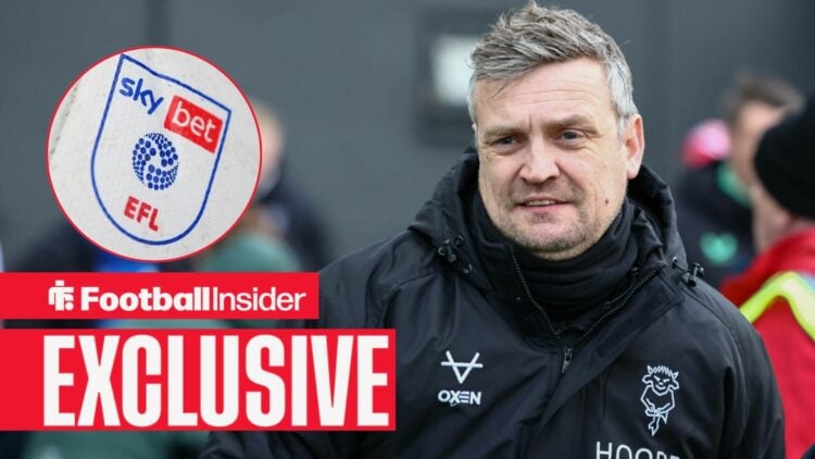 Football Insider exclusive as Lincoln City manager Michael Skubala stares towards the EFL logo, which features in a circular inset.