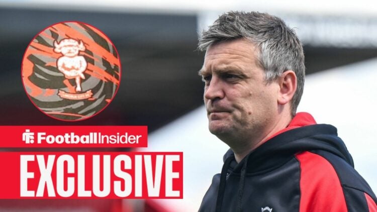 Michael Skubala on the sidelines, with the Lincoln City badge in a circular inset