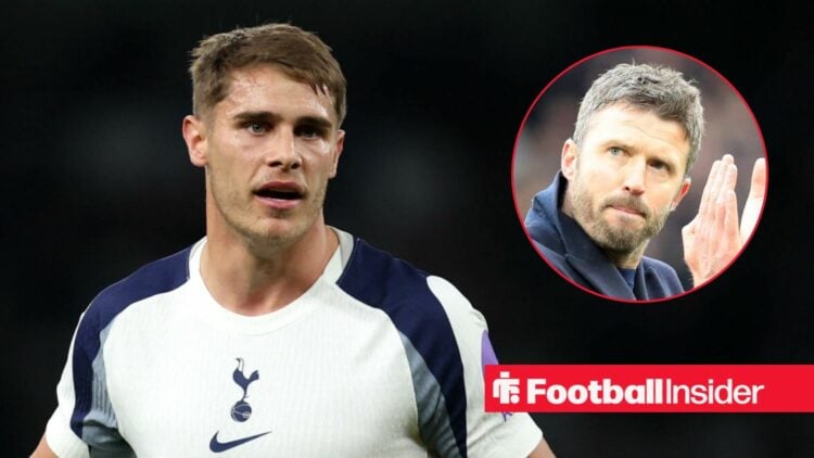 Micky van de Ven in action for Tottenham, with Michael Carrick in a circular inset