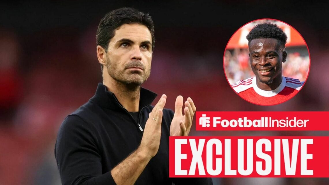Mikel Arteta with Bukayo Saka included in a circular inset