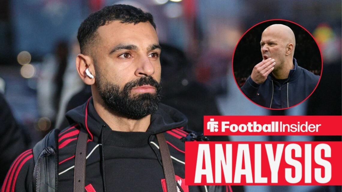 Mohamed Salah stands wearing a Liverpool tracksuit, as Arne Slot scratches his face in a circular inset.