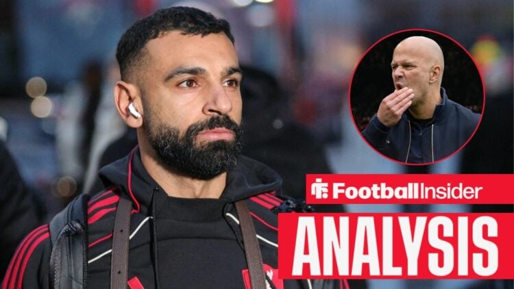 Mohamed Salah stands wearing a Liverpool tracksuit, as Arne Slot scratches his face in a circular inset.