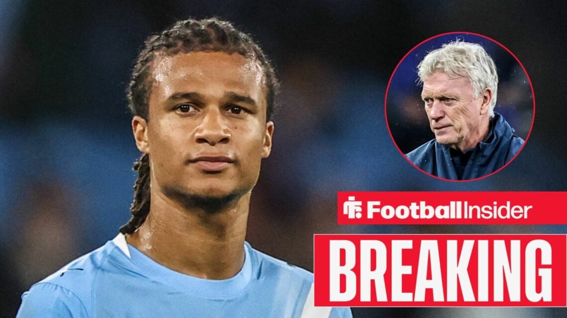 Nathan Ake in action for Man City, with David Moyes in a circular inset