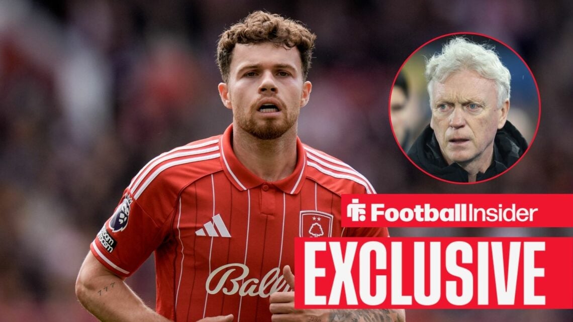 Nottingham Forest defender Neco Williams alongside a circular inset of Everton manager David Moyes