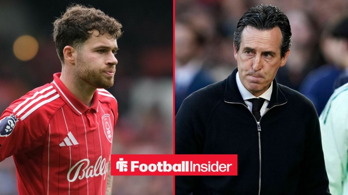 Nottingham Forest defender Neco Williams stands with his hands on his hips, as Aston Villa manager Unai Emery watches from the other side of a spli...