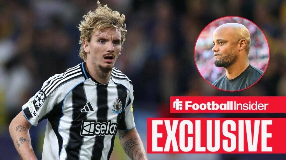 Football Insider exclusive as Nick Woltemade is in action during a game, while Bayern Munich manager Vincent Kompany watches from a circular inset.