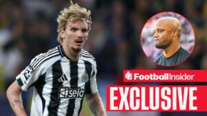 Football Insider exclusive as Nick Woltemade is in action during a game, while Bayern Munich manager Vincent Kompany watches from a circular inset.