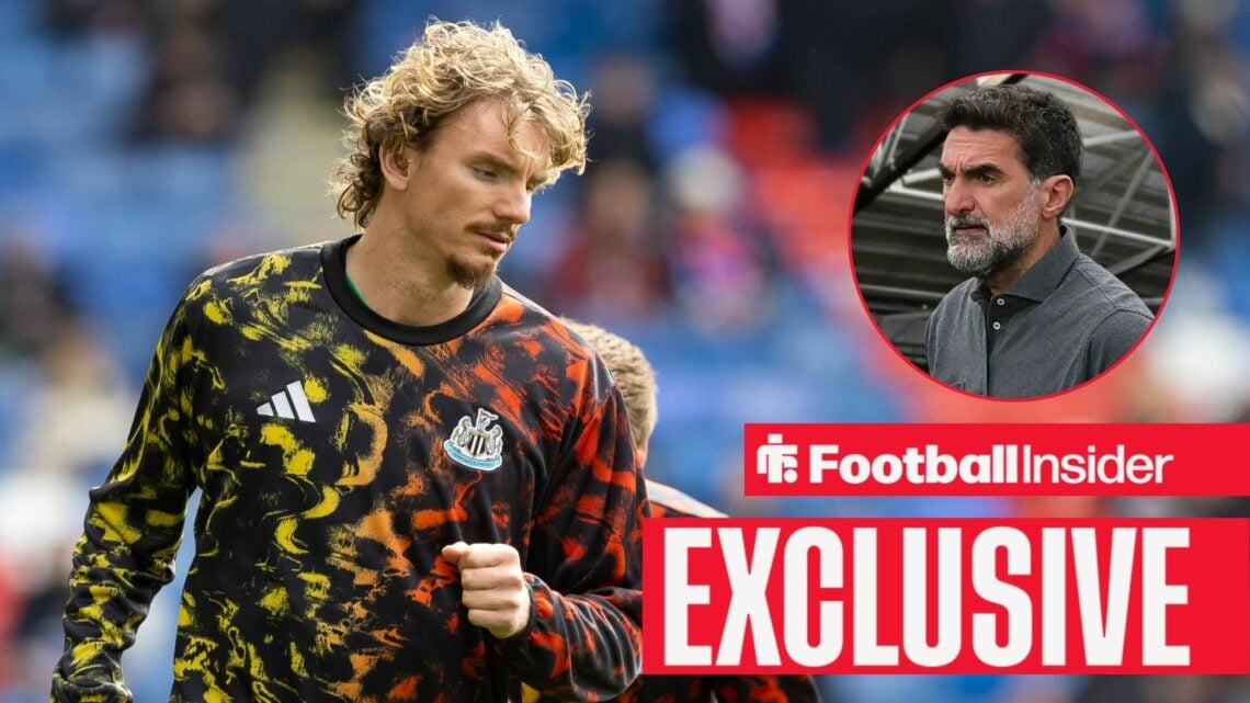 Football Insider exclusive as Newcastle striker Nick Woltemade warms up for a game, while chairman Yasir Al-Rumayyan watches from a circular inset.