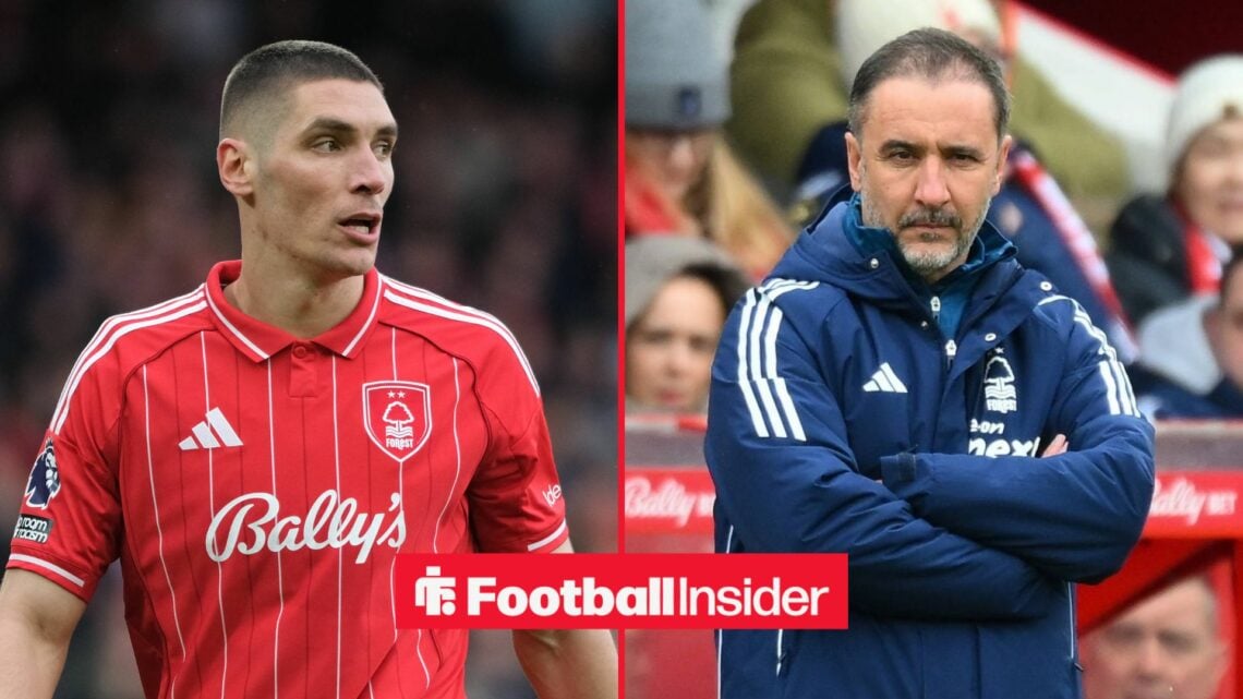 Nottingham Forest defender Nikola Milenkovic stares across a split image towards manager Vitor Pereira, who stands with his arms folded on the touc...