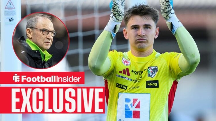 Football Insider exclusive as Wolfsberger AC goalkeeper Nikolas Polster applauds after a game, while Celtic manager Martin O'Neill watches from a c...
