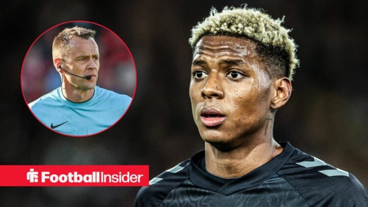 Sunderland winger Nilson Angula stares towards Premier League referee Stuart Attwell, who watches from a circular inset.