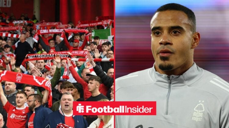Nottingham Forest fans hold scarves aloft in the stands, as Murillo watches from the other side of a split image.