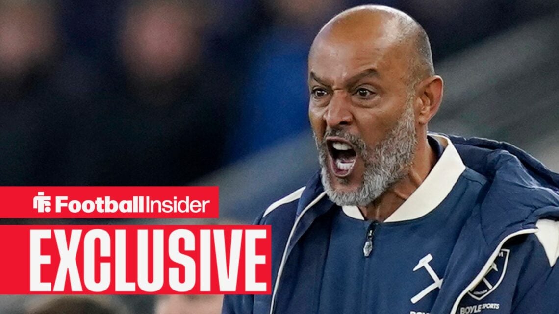 29th September 2025. Nuno Espirito Santo manager of West Ham United celebrates his side s goal to make it 1-1 during the Everton vs West Ham United...