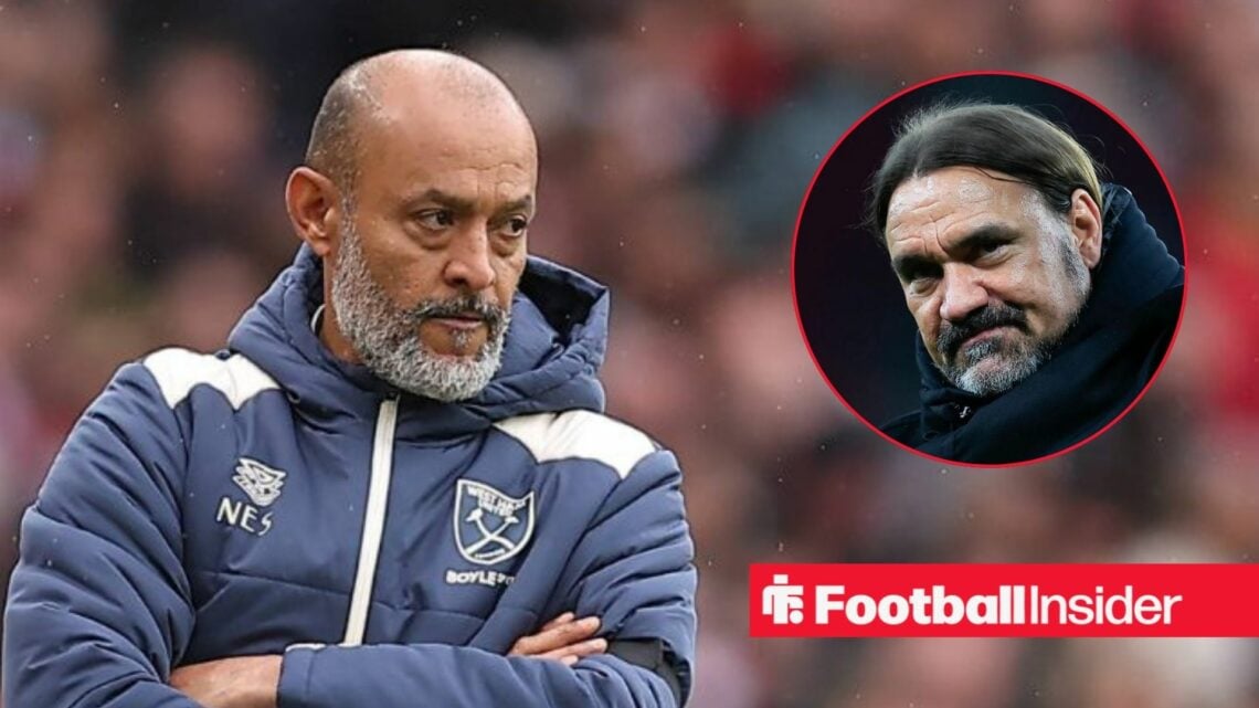 Nuno Espirito Santo on the sidelines at West Ham, with Daniel Farke in a circular inset