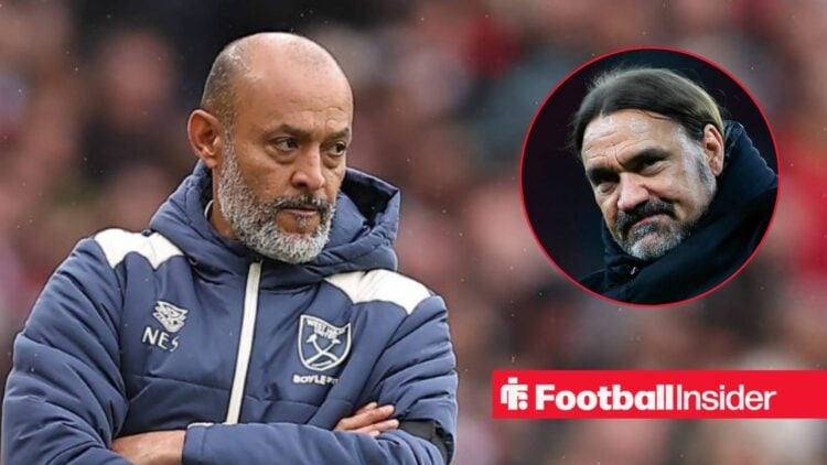 Nuno Espirito Santo on the sidelines at West Ham, with Daniel Farke in a circular inset