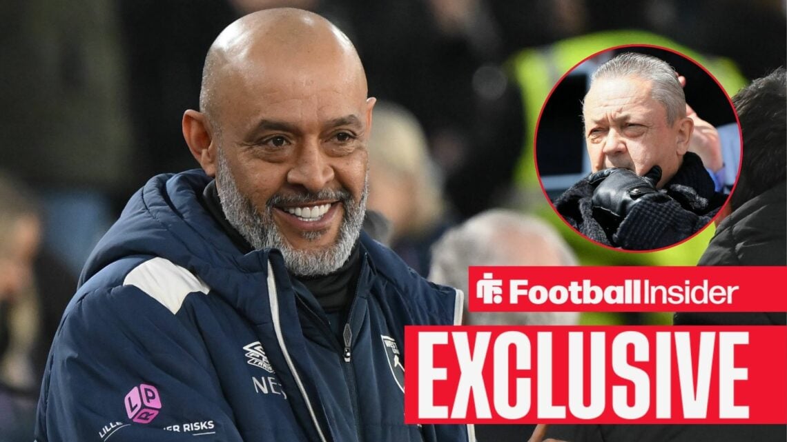 Football Insider exclusive as West Ham manager Nuno Espirito Santo smiles towards owner David Sullivan, who watches from a circular inset.