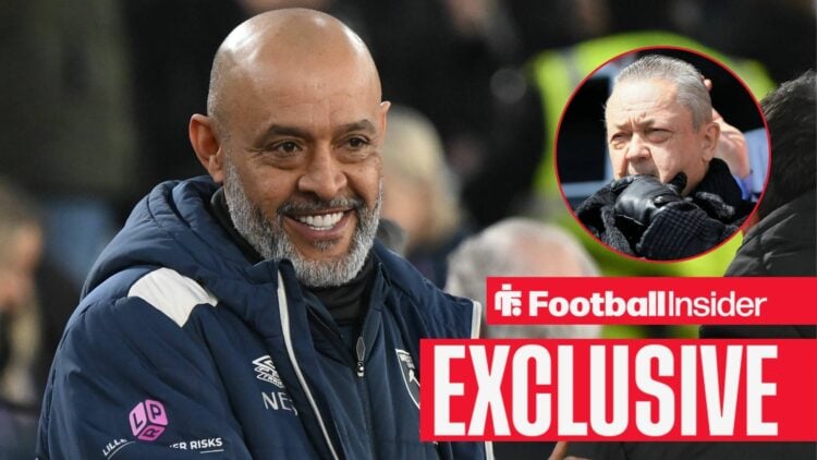Football Insider exclusive as West Ham manager Nuno Espirito Santo smiles towards owner David Sullivan, who watches from a circular inset.