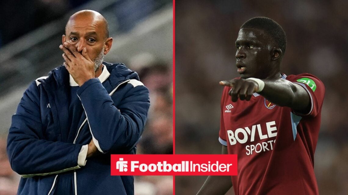 West Ham manager Nuno Espirito Santo has his hand over his mouth as defender El Hadji Malick Diouf points on the other side of a split image.