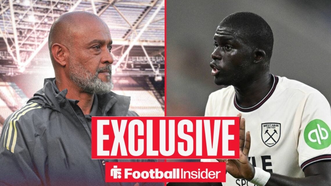 Football Insider exclusive as West Ham manager Nuno Espirito Santo looks across a split image towards El Hadji Malick Diouf, who holds his hands up...