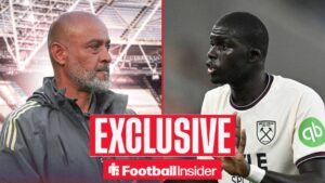 Football Insider exclusive as West Ham manager Nuno Espirito Santo looks across a split image towards El Hadji Malick Diouf, who holds his hands up during a game.