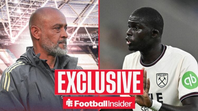 Football Insider exclusive as West Ham manager Nuno Espirito Santo looks across a split image towards El Hadji Malick Diouf, who holds his hands up...