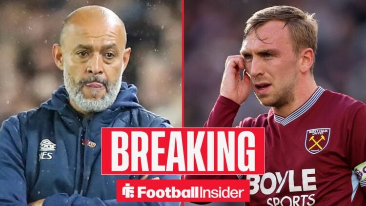 Nuno Espirito Santo on the sidelines, with Jarrod Bowen in action for West Ham