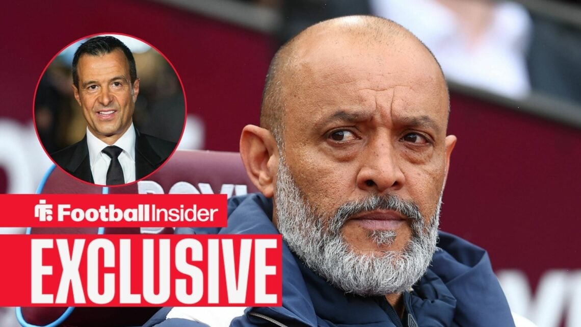 West Ham manager Nuno Espirito Santo in the dugout at the London Stadium alongside a circular inset of agent Jorge Mendes