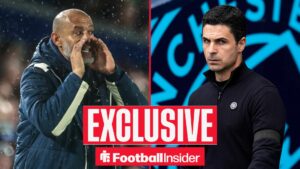 West Ham United manager Nuno Espirito Santo shouting on the sidelines / Mikel Arteta manager of Arsenal during the Manchester City vs Arsenal Premier League match at the Etihad Stadium, Manchester