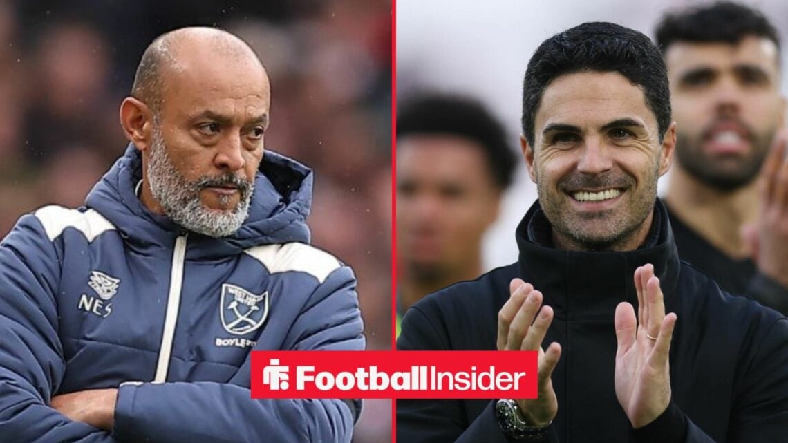 Nuno Espirito Santo on the sidelines at West Ham, with Mikel Arteta smiling at Arsenal