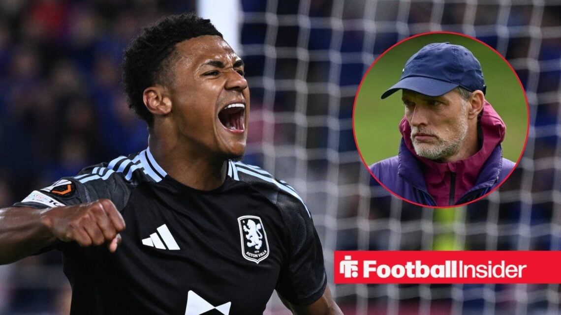 Ollie Watkins punches the air after scoring for Aston Villa, as England manager Thomas Tuchel wears a cap in a circular inset.