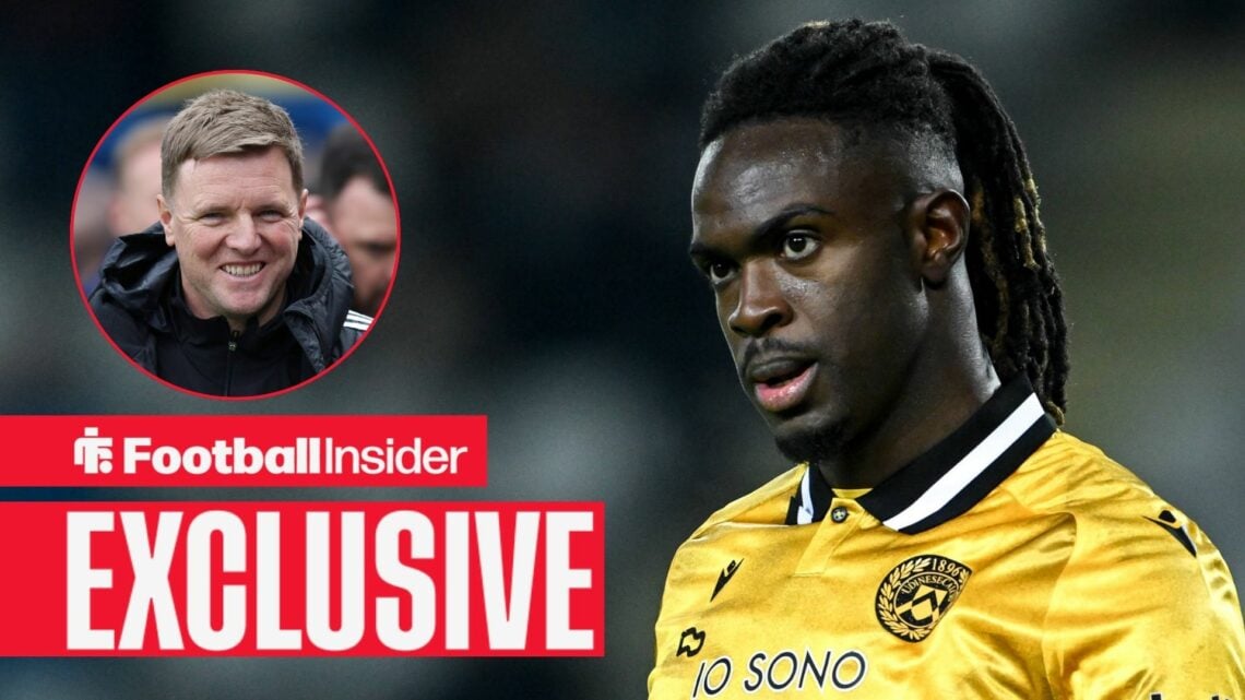 Football Insider exclusive as Udinese defender Oumar Solet stares towards Newcastle manager Eddie Howe, who grins in a circular inset.
