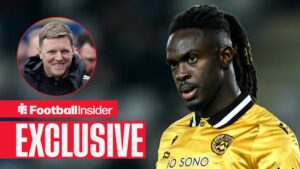 Football Insider exclusive as Udinese defender Oumar Solet stares towards Newcastle manager Eddie Howe, who grins in a circular inset.