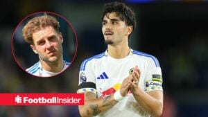 Leeds United defender Pascal Struijk alongside a circular inset of defender Joe Rodon