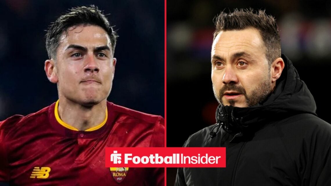 Paulo Dybala in action for Roma, with Roberto De Zerbi on the sidelines