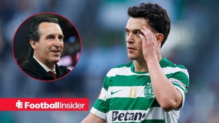 Sporting CP winger Pedro Goncalves scratches his face during a game, as Aston Villa manager Unai Emery grins in a circular inset.