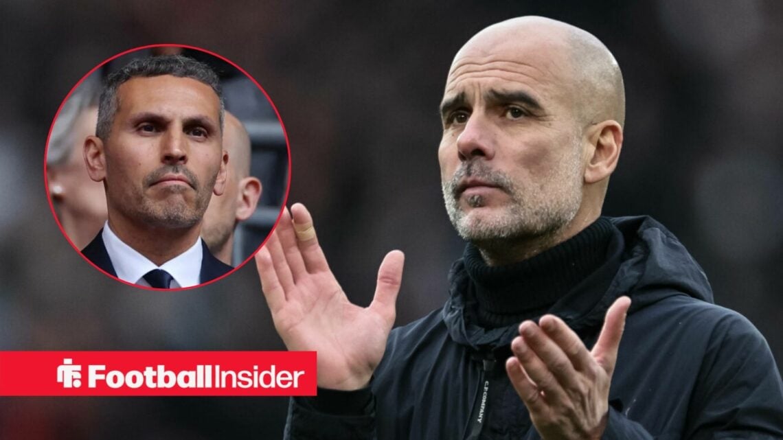 Pep Guardiola on the sidelines at Man City, with Khaldoon Al Mubarak in a circular inset