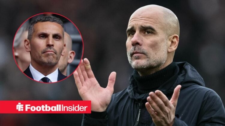 Pep Guardiola on the sidelines at Man City, with Khaldoon Al Mubarak in a circular inset