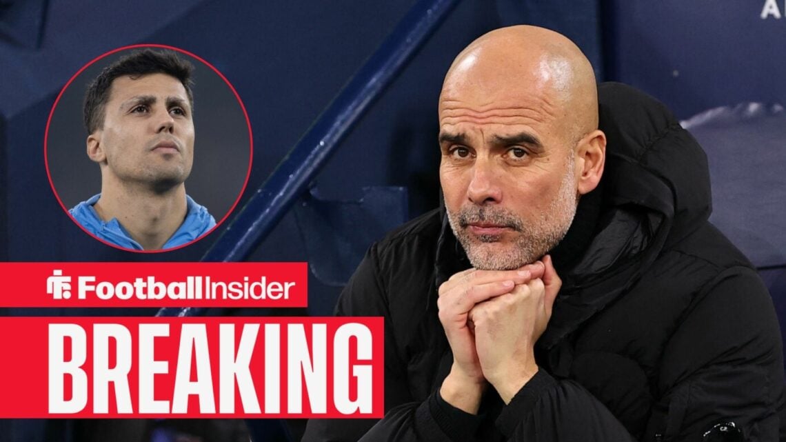 Pep Guardiola in the dugout at Man City, with Rodri in a circular inset