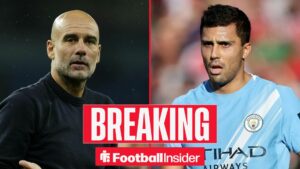 Pep Guardiola on the sidelines at Man City, with Rodri in action