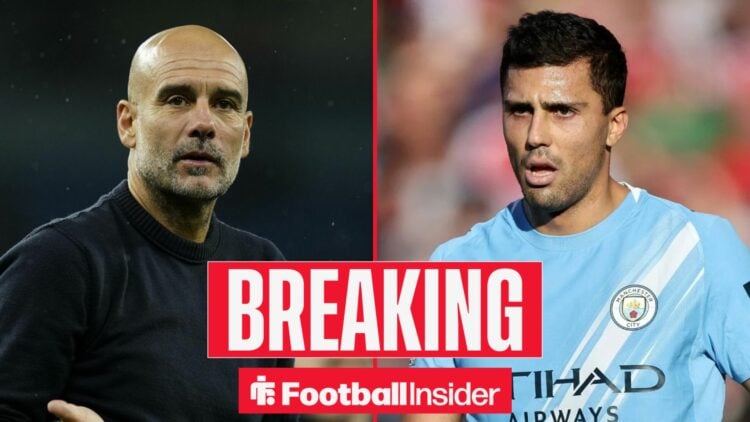 Pep Guardiola on the sidelines at Man City, with Rodri in action