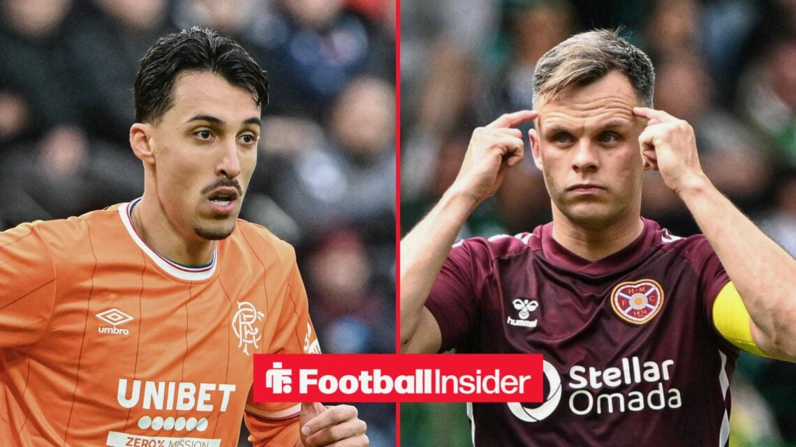 Split image of Rangers striker Bojan Miovski and Hearts forward Lawrence Shankland