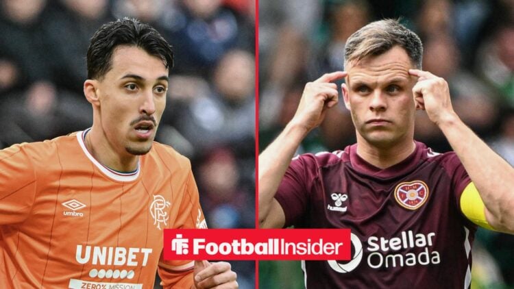 Split image of Rangers striker Bojan Miovski and Hearts forward Lawrence Shankland