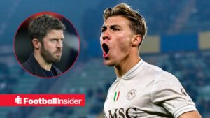 Rasmus Hojlund with Michael Carrick included in a circular inset