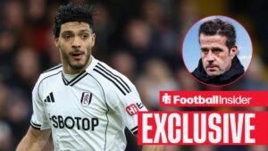 Football Insider exclusive as Fulham striker Marco Silva is in action during a game, while manager Marco Silva watches from a circular inset.