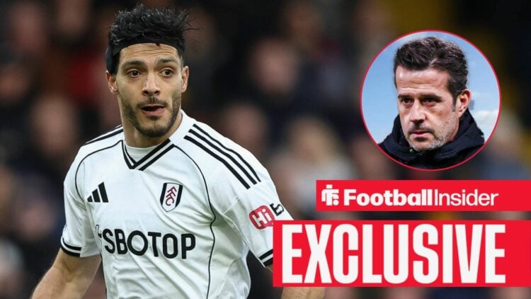 Football Insider exclusive as Fulham striker Marco Silva is in action during a game, while manager Marco Silva watches from a circular inset.