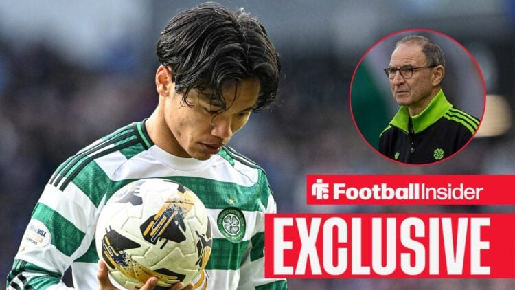 Football Insider exclusive as Celtic midfielder Reo Hatate stares at the ground while holding the ball, as manager Martin O'Neill watches from a ci...