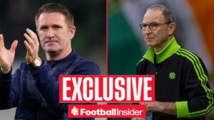 Football Insider exclusive as Robbie Keane applauds, while Celtic manager Martin O'Neill watches from the other side of a split image.
